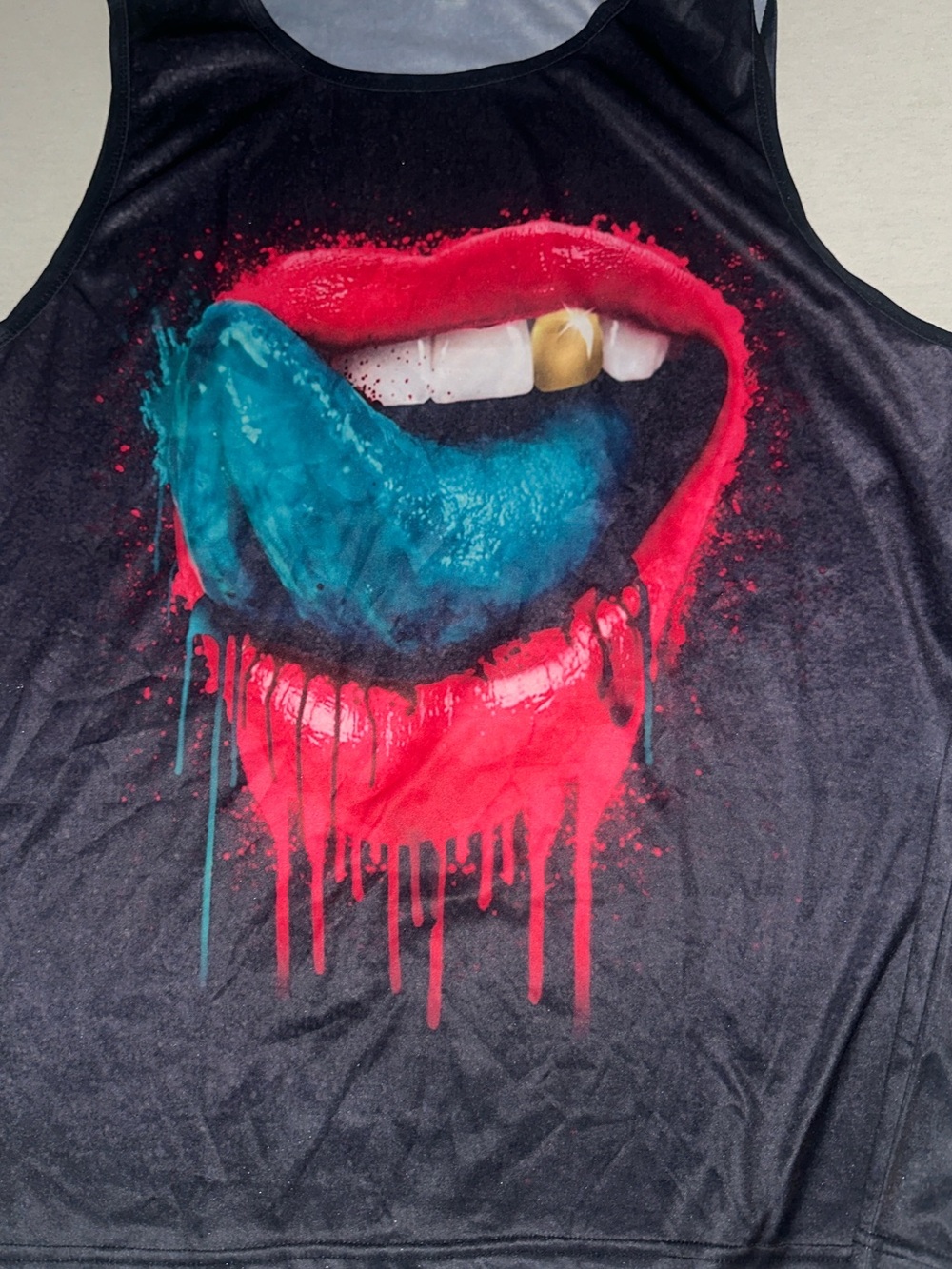 Womens Size XXL Graphic Dripping Lips Tank Top - Black with Red & Teal